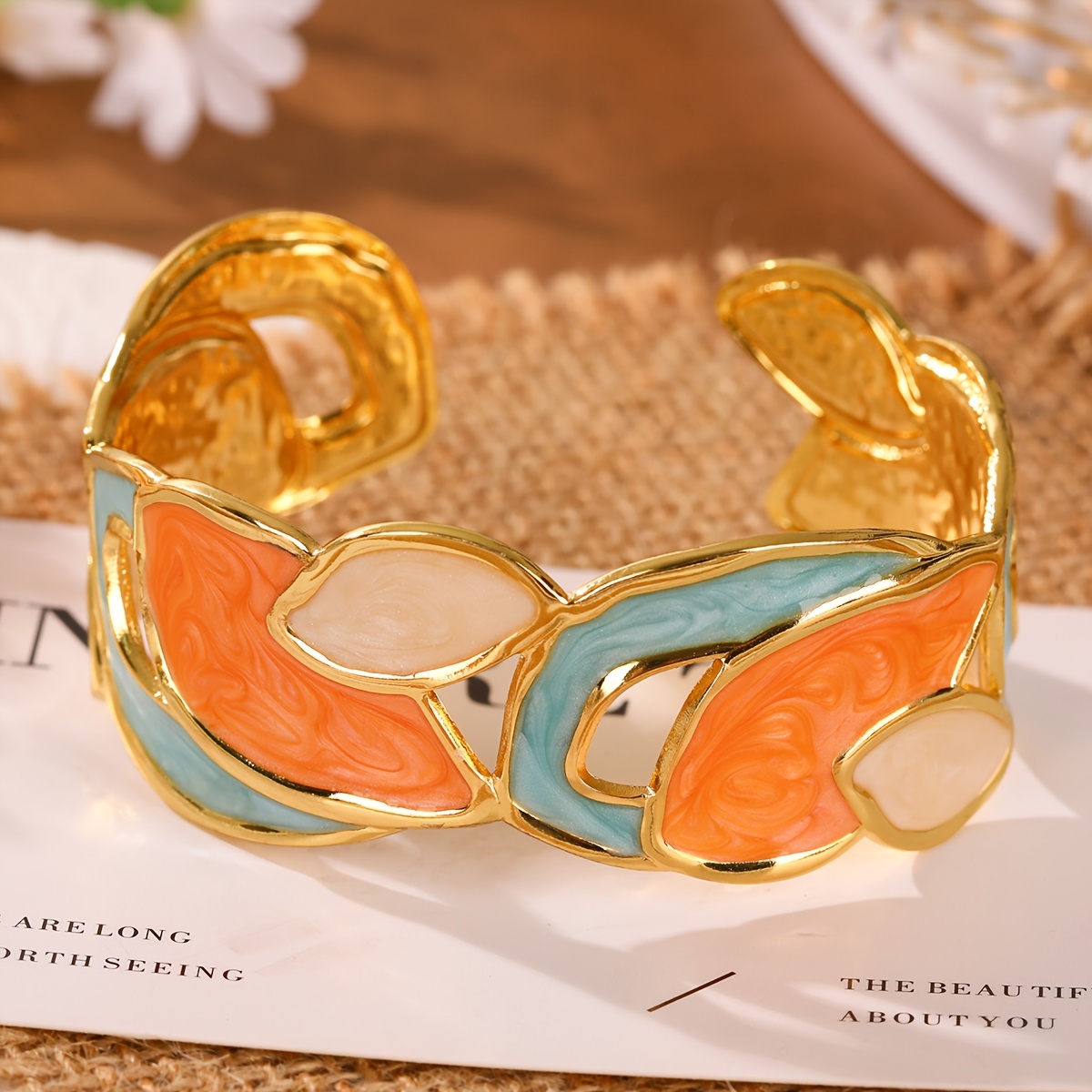 Irregular Color-Block Enamel Hammered Open Cuff Bracelet